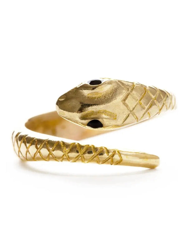 Gold snake-shaped ring on a white background