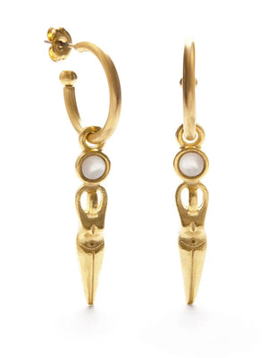 Gold hoop earrings with central gemstones on a white background