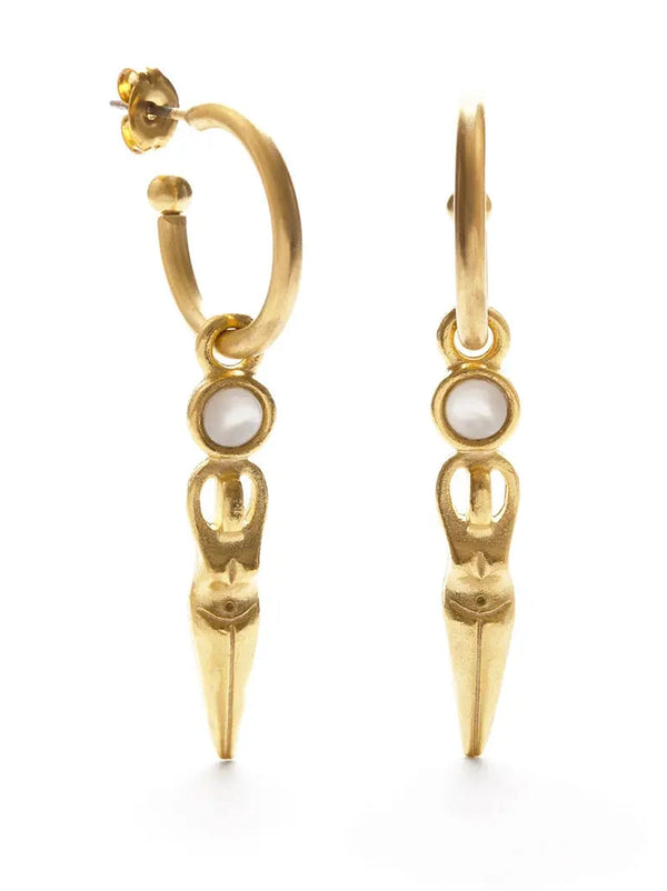 Gold hoop earrings with central gemstones on a white background