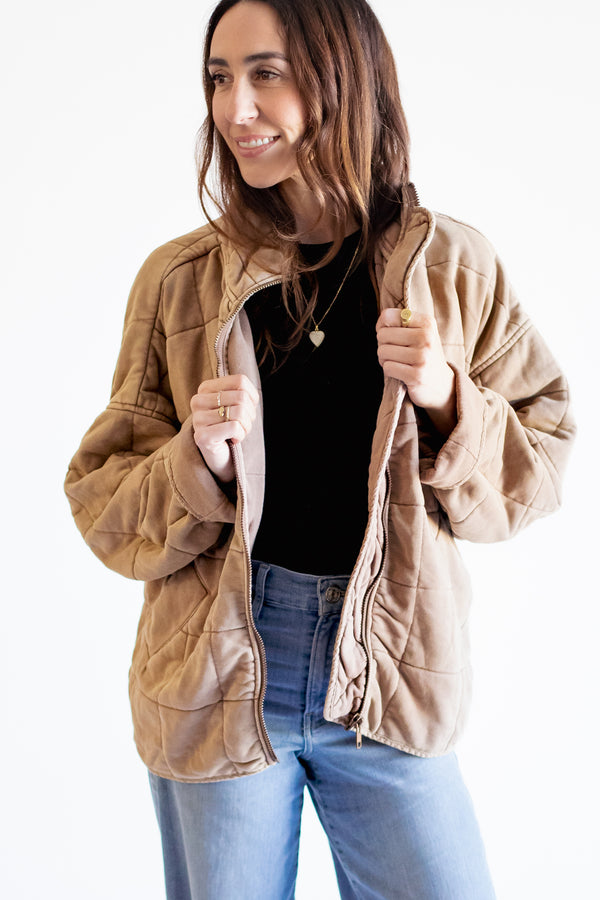 Mineral Washed Quilted Knit Jacket - Blush