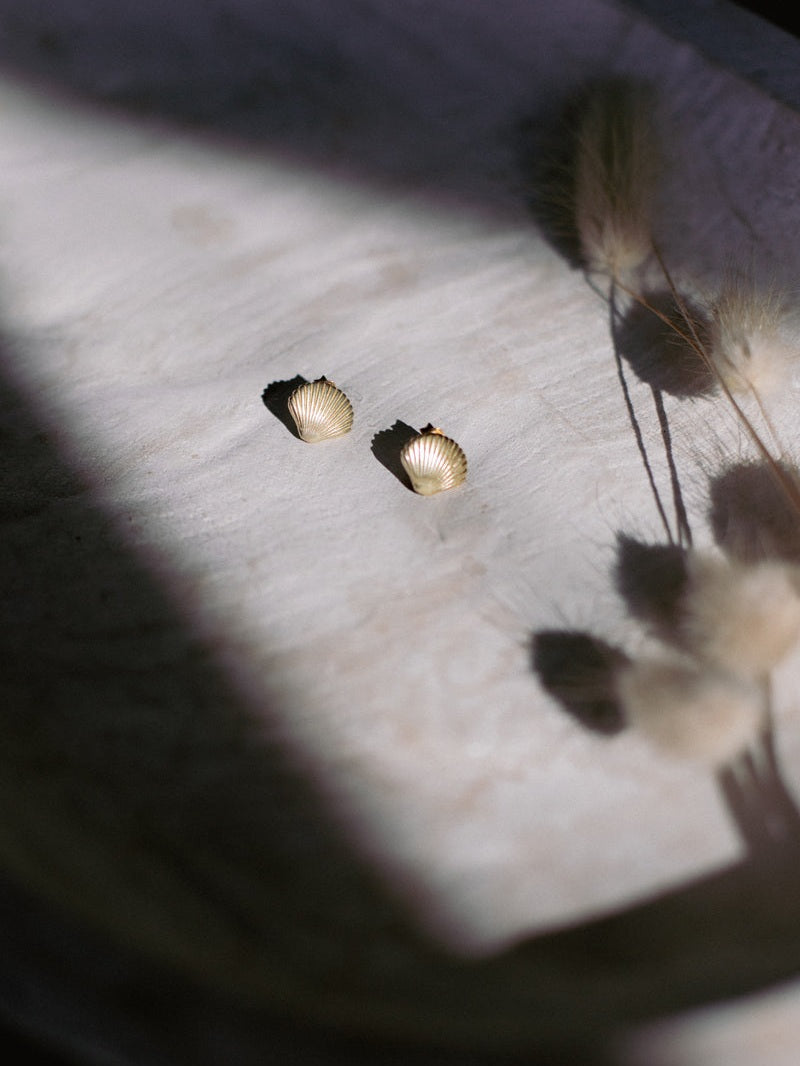 Gold shell-shaped earrings on a light marble surface with dried grasses.
