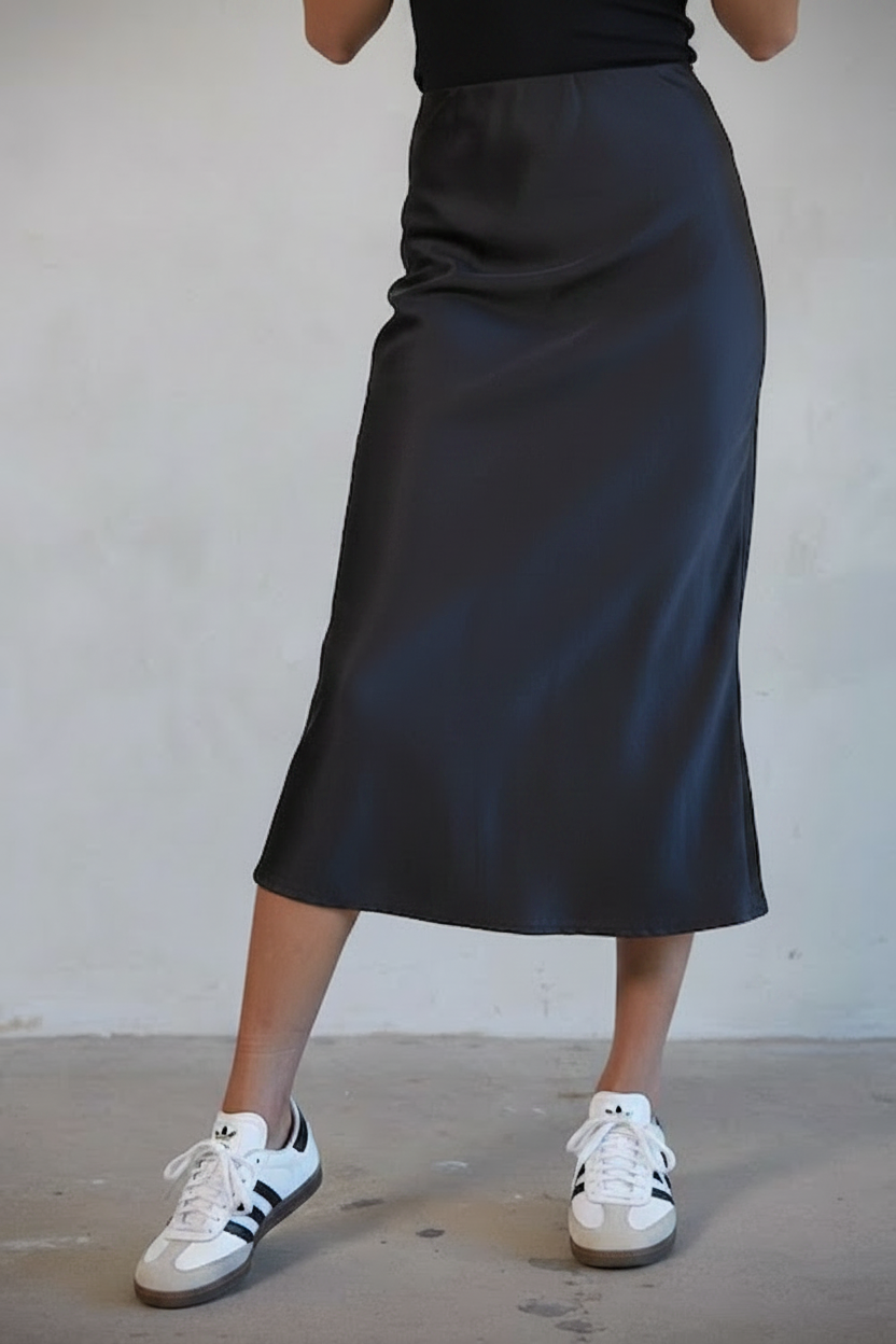 Midi High-Waisted Satin Skirt - Black     $64.00