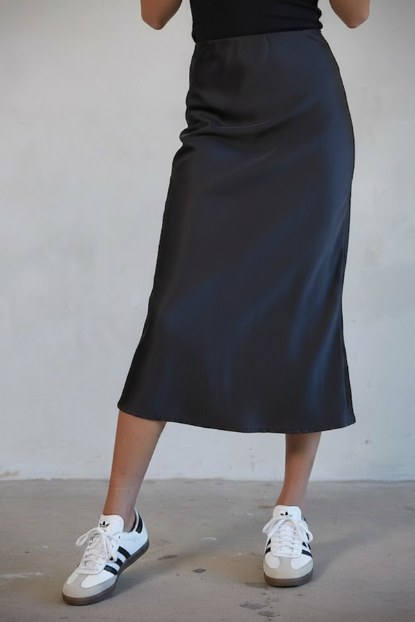 Midi High-Waisted Satin Skirt - Black