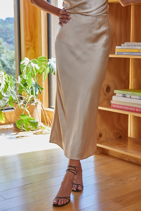 Person wearing a beige skirt standing in a room with wooden shelves and plants.