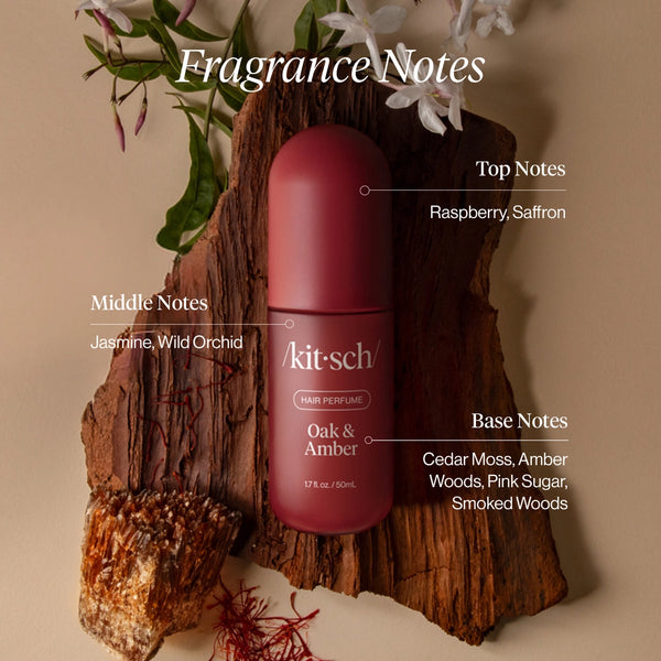 Kitsch hair perfume bottle on a wooden block with floral elements and fragrance notes text.