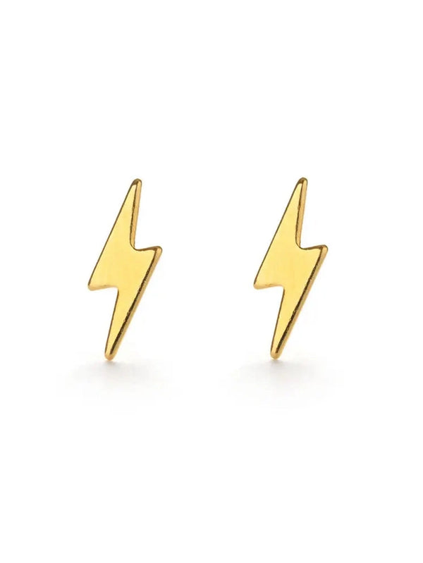 Gold lightning bolt earrings on a white background