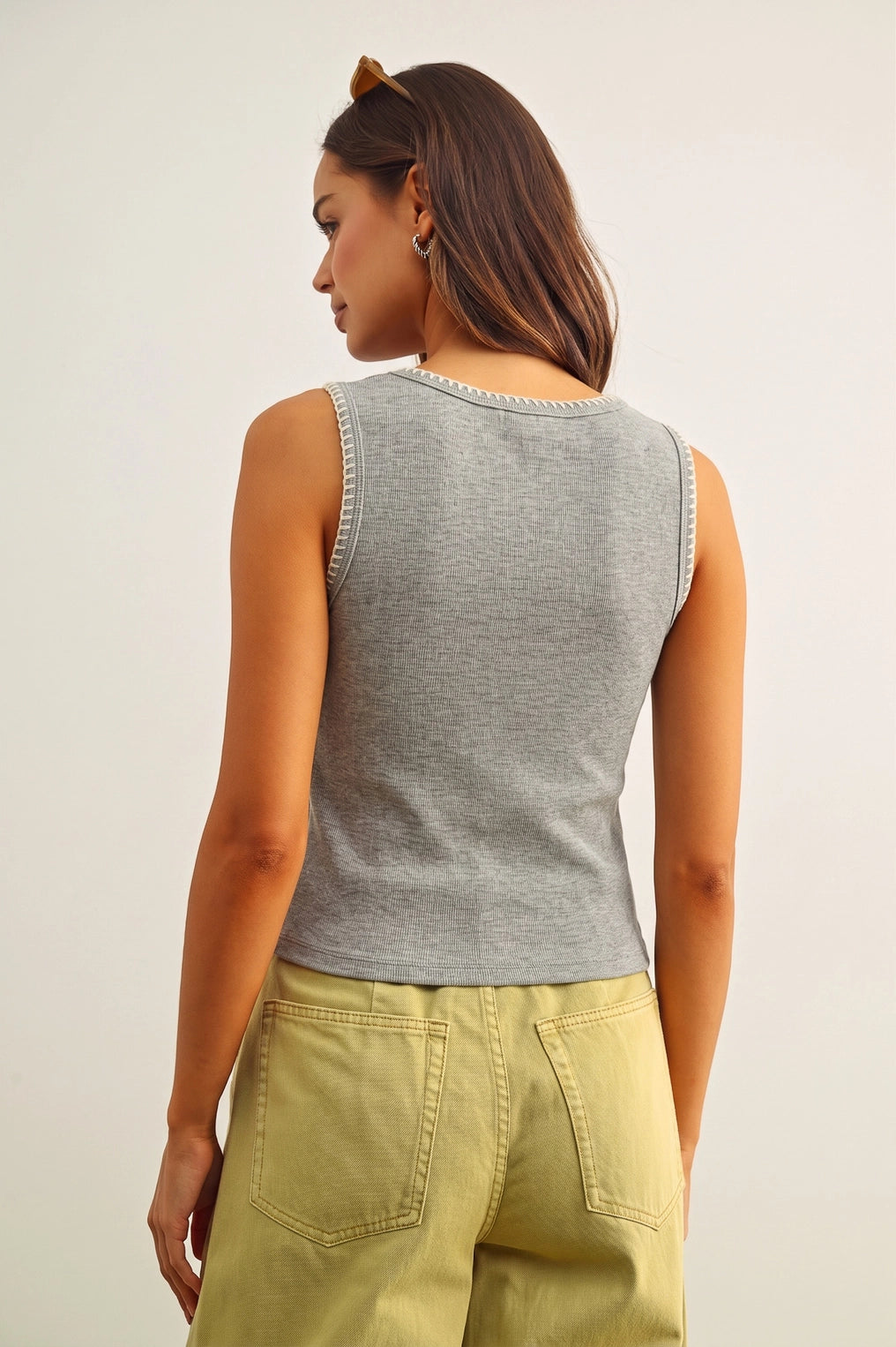 Ribbed knit tank with stitching - Heather Grey