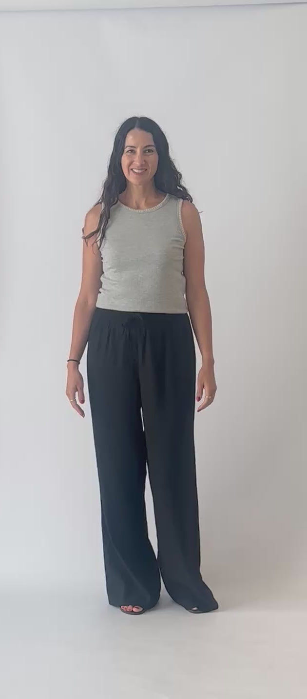 linen pant and grey tank