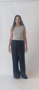 linen pant and grey tank