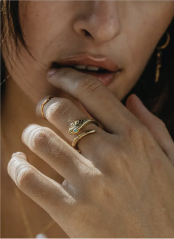 Close-up of a hand with gold rings on a blurred background